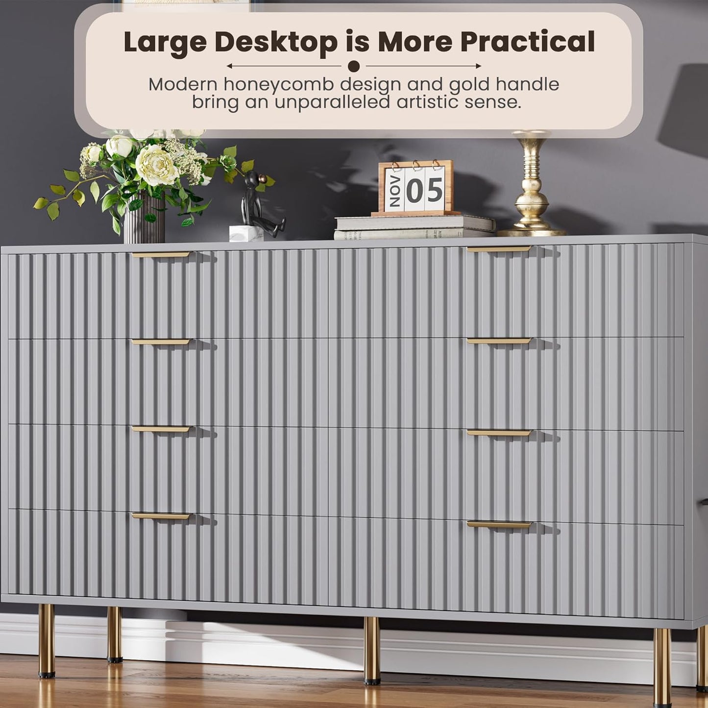 8 Drawer Dresser for Bedroom, Fluted 55" Wide Modern Chest of Drawers with Deep Drawers, Long Large Double Dresser TV Stand, Wooden Dresser Organizer for Living Room, Hallway, Kids Room, Grey