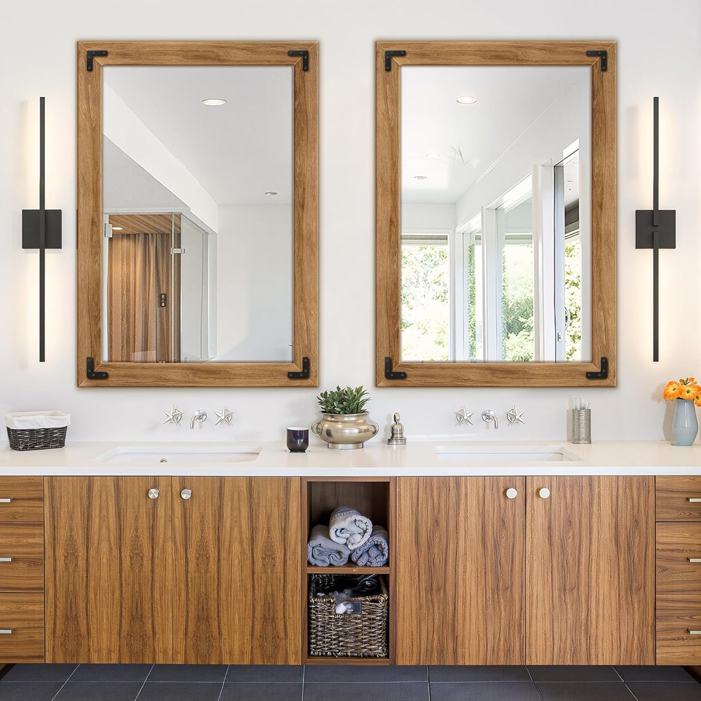 Full Length Mirror with Wooden Frame, 40"X28" Solid Wood Standing Floor Mirror for Farmhouse, Bathroom, Bedroom Decor, Hanging or Leaning Wall-Mounted