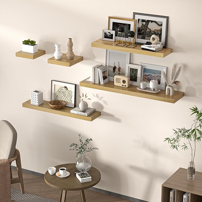 Floating Shelves for Wall, 31.5" W x 6.7" D x 1.5" H, Wooden Wall Mounted Display Shelves with Invisible Brackets for Living Room, Bedroom, Bathroom, Kitchen Decor and Storage, Set of 2, Oak