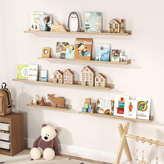 Floating Shelves for Wall, Picture Ledge Shelf 55 Inch Solid Wood Set of 2, Rustic Wall Shelves with Lip, Kids Bookshelf, Photo & Picture Live Edge Floating Shelves for Bedroom, Living Room, Kitchen