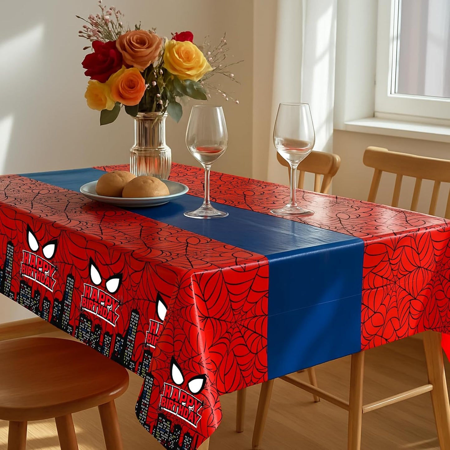16Pcs 2in1 Spider Birthday Decorations Tablecloths, 54" x 108" Super Hero Spider Table Cloth Disposable Rectangle Plastic Table Cover for Boys Birthday Party Supplies