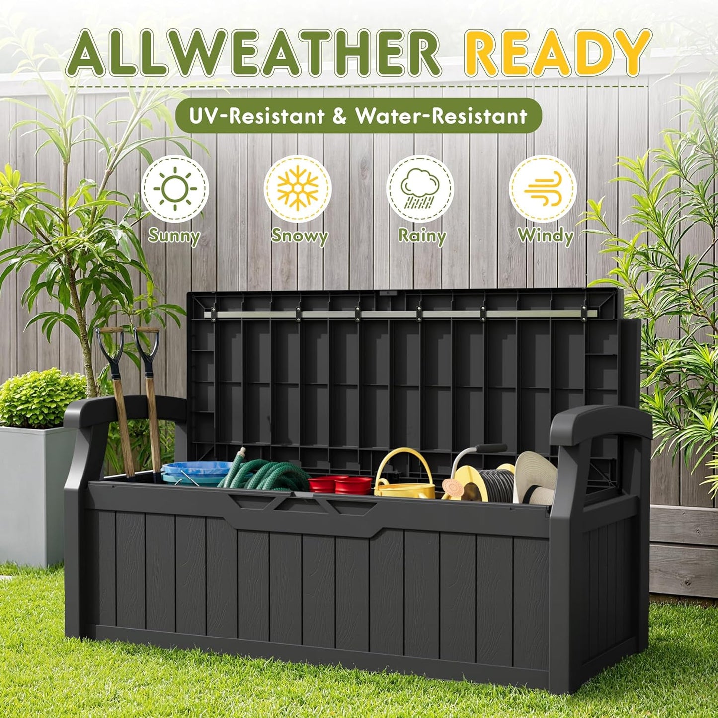 Greesum 80 Gallon Storage Bench Outdoor Deck Box with Armrest, Patio Furniture,Lockable, Waterproof and UV Resistant, Suitable for Garden, Pool, Black