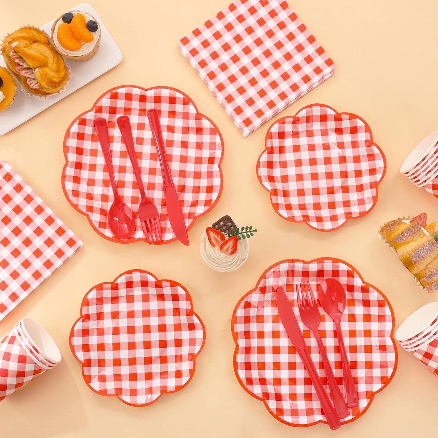175 Pcs Red Gingham Plates and Napkins Party Supplies - Red and White Checkered Plates Sets Serve 25 Guests - Scalloped Gingham Paper Plate for Birthday Picnic BBQ Christmas Party Decorations