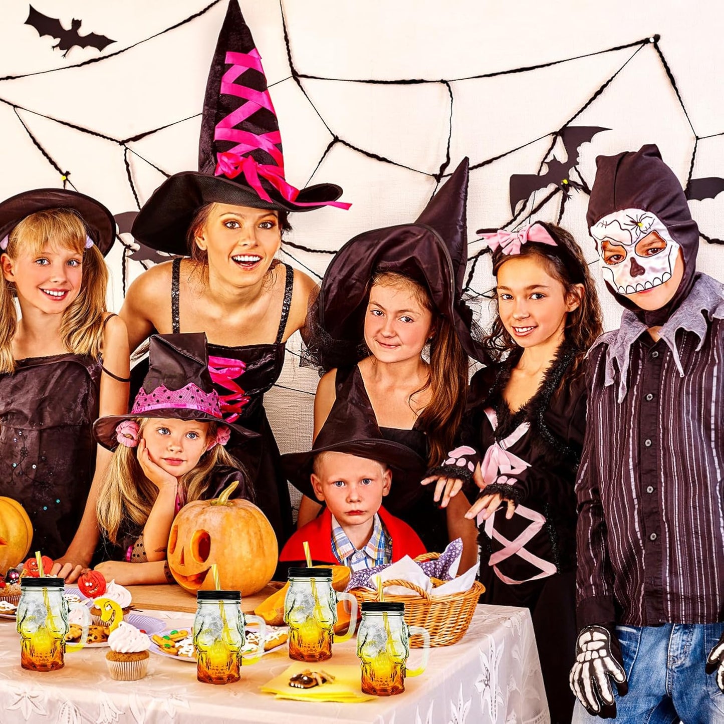 Halloween Cups Set of 4 - Yellow Skull Glass Drinking Jar with Lids and Straws - Halloween Decor, Drinking Glasses 16 oz