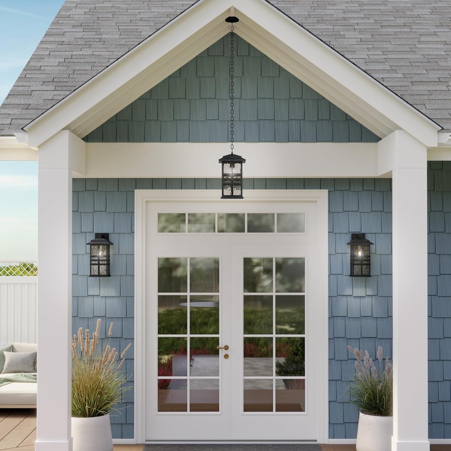 KICHLER Beacon Square 17.25" 1-Light Outdoor Wall Light with Clear Hammered Glass in Textured Black, for Exterior Doors, Garage, Porch, or Patio (17.25" x 9.5"), 49831BKT