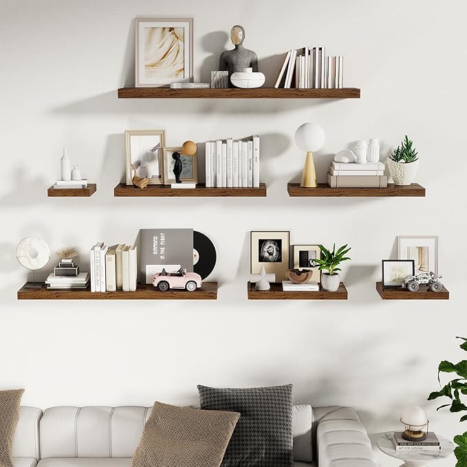 Fun Memories Wood Floating Shelves 16 Inch, 10 Inch Deep Shelves Wall Mount, Wall Shelves with Invisible Bracket, 16" Floating Shelves for Living Room Bathroom Bedroom, Rustic Brown, Set of 2