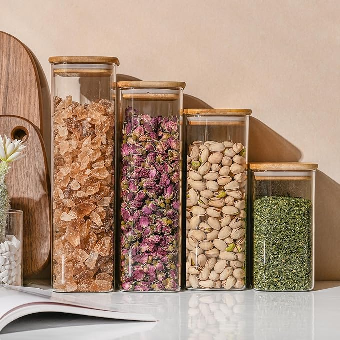 37oz Rectangle Airtight Glass Storage Containers with Bamboo Lids (Set of 4), Square Food Storage Jar, Pantry Organizers for Cereal, Nuts, Snacks and Coffee beans (with Black Lable)