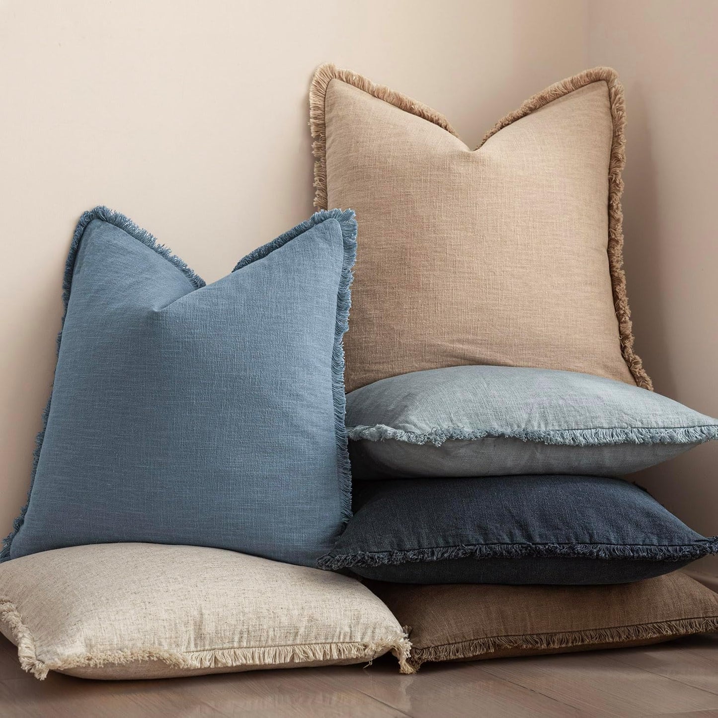 Foindtower Set of 2 Decorative Linen Fringe Throw Pillow Covers Cozy Boho Farmhouse Cushion Cover with Tassels Soft Accent Pillowcase for Couch Sofa Bed Living Room Home Decor, 16×16 Inch, Misty Blue