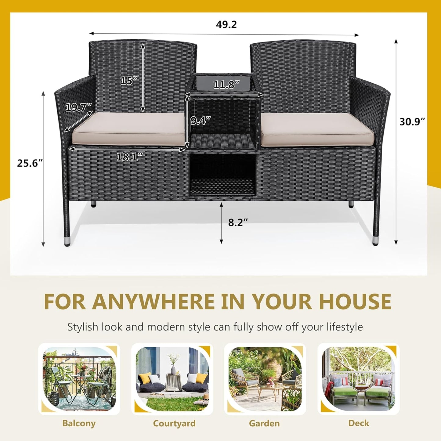 Flamaker Outdoor Furniture Patio Loveseat Wicker 2-Seat with Built-in Table and Cushions Rattan Porch Chairs Bench for Balcony, Lawn, Backyard (Beige)