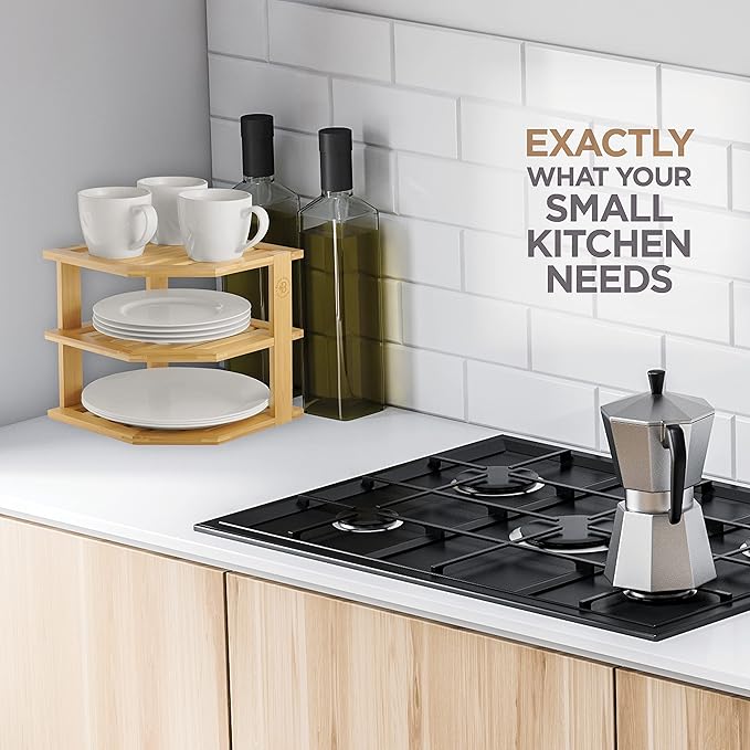 2-Pack Plate Organizer for Cabinet - Bamboo Corner Shelf for Kitchen or Bathroom Storage, Space-Saving Rack for Dishes, Countertop, Cabinet, Pantry - Organization & Housewarming Gift