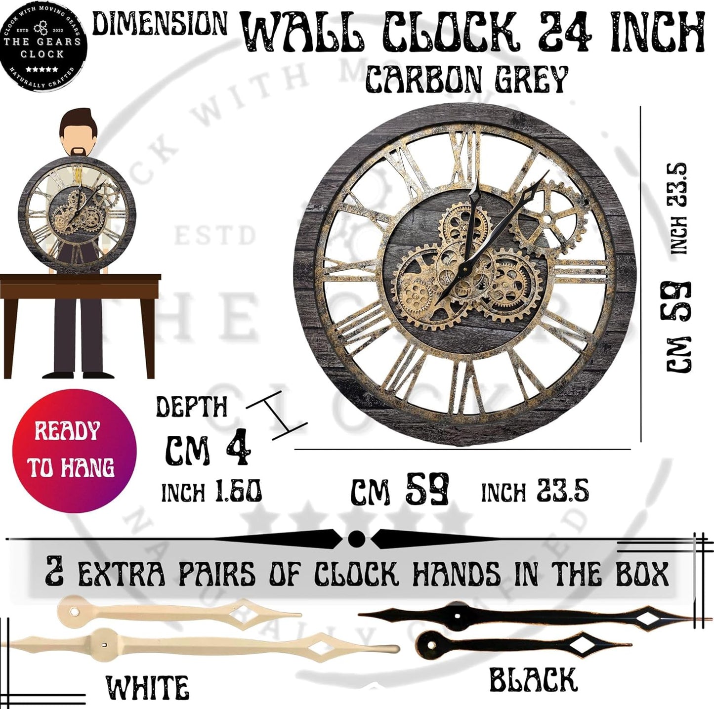 The Gears Clock The Original Real Moving Gear Wall Clock Vintage Industrial Oversized Rustic Farmhouse (24 inch (60cm), Vintage Carbon Grey and Bronze)