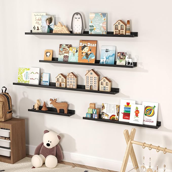 Floating Shelves for Wall, Picture Ledge Shelf 55 Inch Solid Wood Set of 2, Rustic Wall Shelves with Lip, Kids Bookshelf, Photo & Picture Live Edge Floating Shelves for Bedroom, Living Room, Kitchen