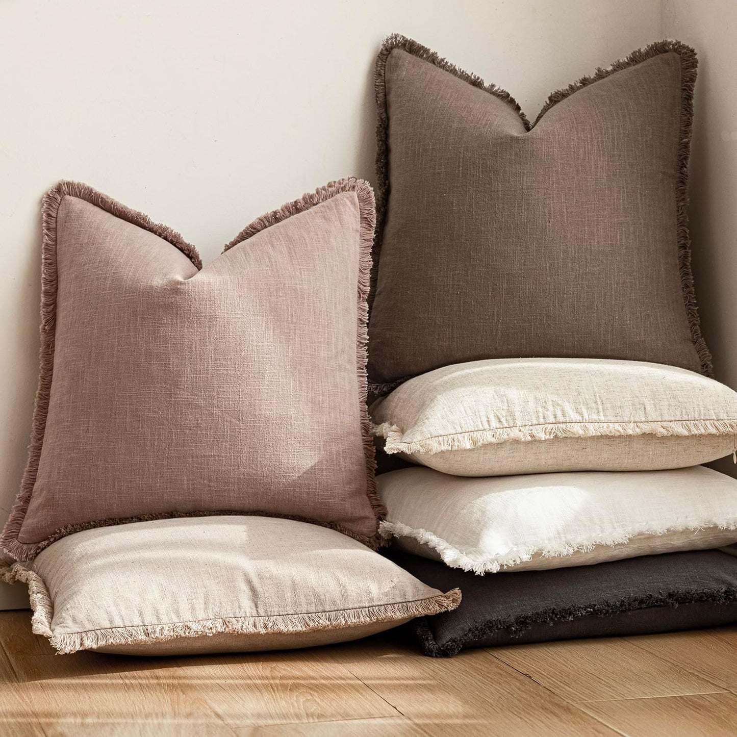 Foindtower Set of 2 Decorative Linen Fringe Throw Pillow Covers Cozy Boho Farmhouse Cushion Cover with Tassels Accent Pillowcase for Couch Sofa Bed Living Room Home Decor,26×26 Inch,Dusty Pink