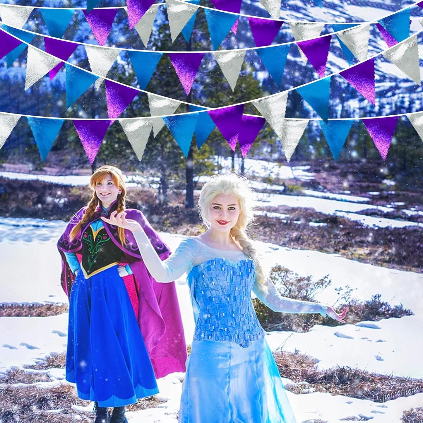 Frozen Party Decoration Purple Blue Silver Metallic Fabric Triangle Pennant Banner Flag Bunting Garland for Frozen Winter Wonderland Christmas Birthday Wedding Baby Shower Bridal Shower Party Supplies