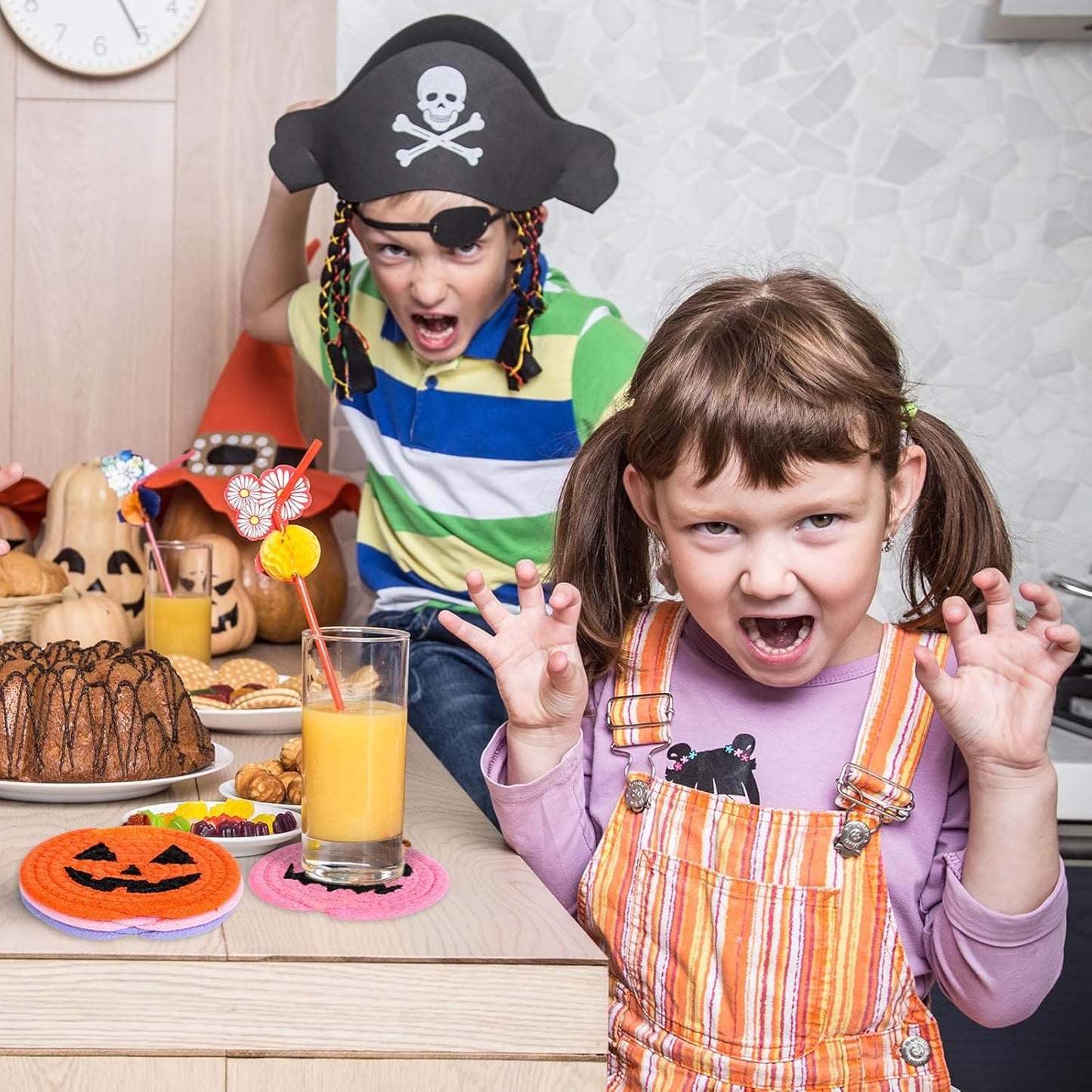 Whaline Halloween Pumpkin Cotton Coasters Colored Pumpkin Face Handmade Braided Drink Coasters Pink Purple Orange Absorbent Cup Mats for Trick or Treat Party Home Table Decor, Set of 4