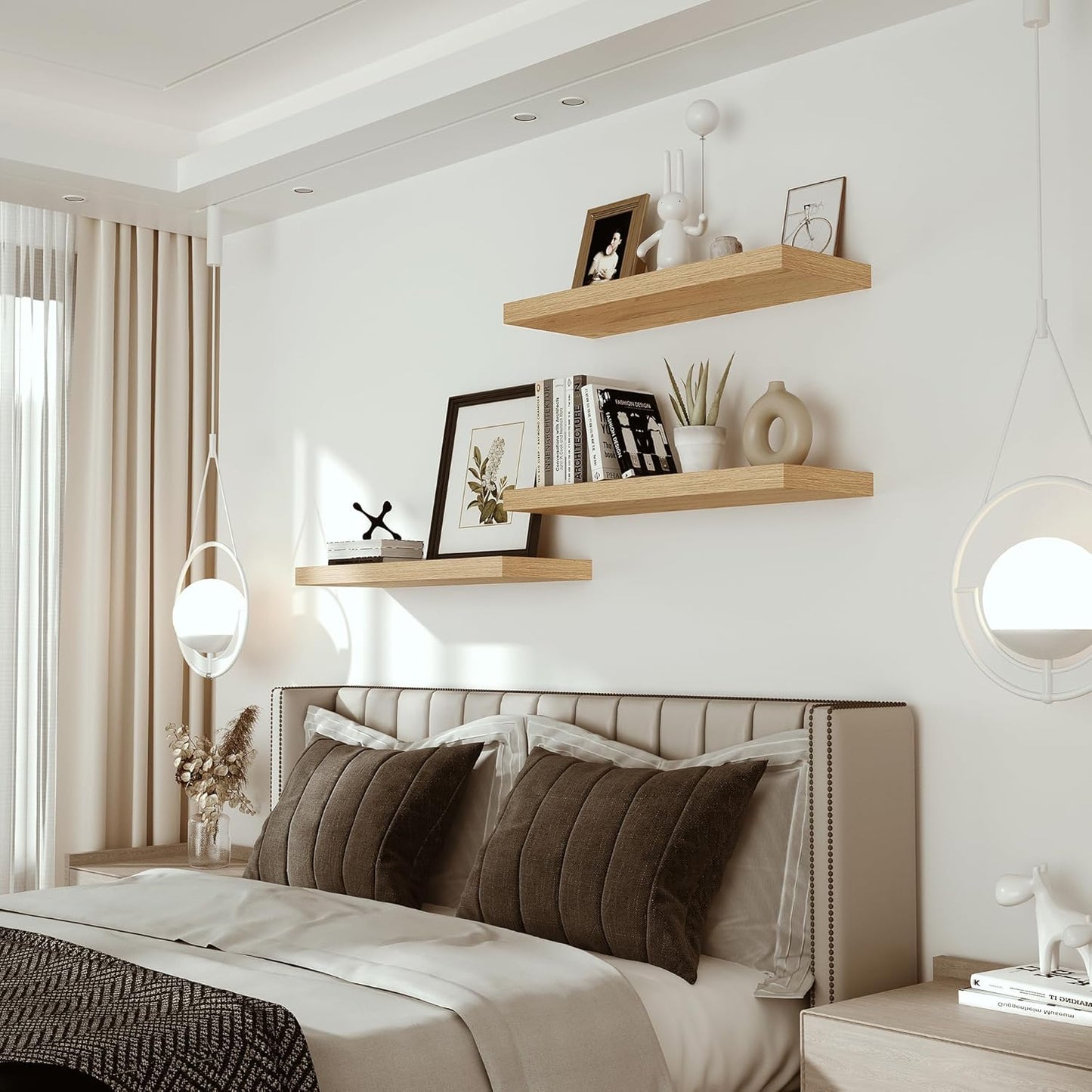 Floating Shelves for Wall 24 inchs Long, 9.2” deep x 1.5” Wall Shelf for Bedroom, Bathroom, Living Room, Kitchen, Office Home Decor, Deep Wood Shelves with Invisible Brackets, Set of 2, Oak