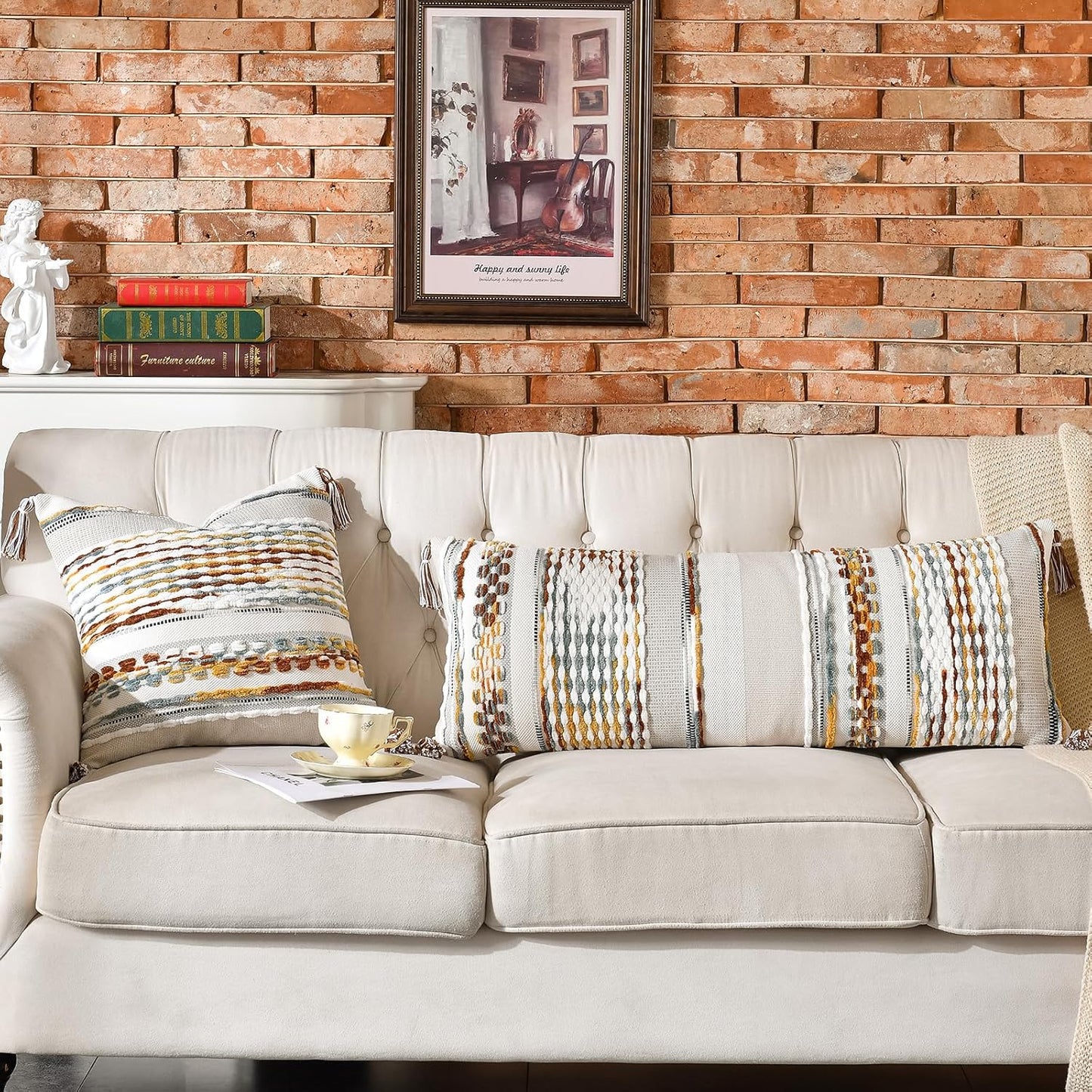 AmHoo Chenille Striped Textured Boho Throw Pillow Covers Aesthetic with Tassels Woven Decorative Pillow Case for Couch Bed Sofa Bedroom Modern Funky 14 x 36-Inch Brown