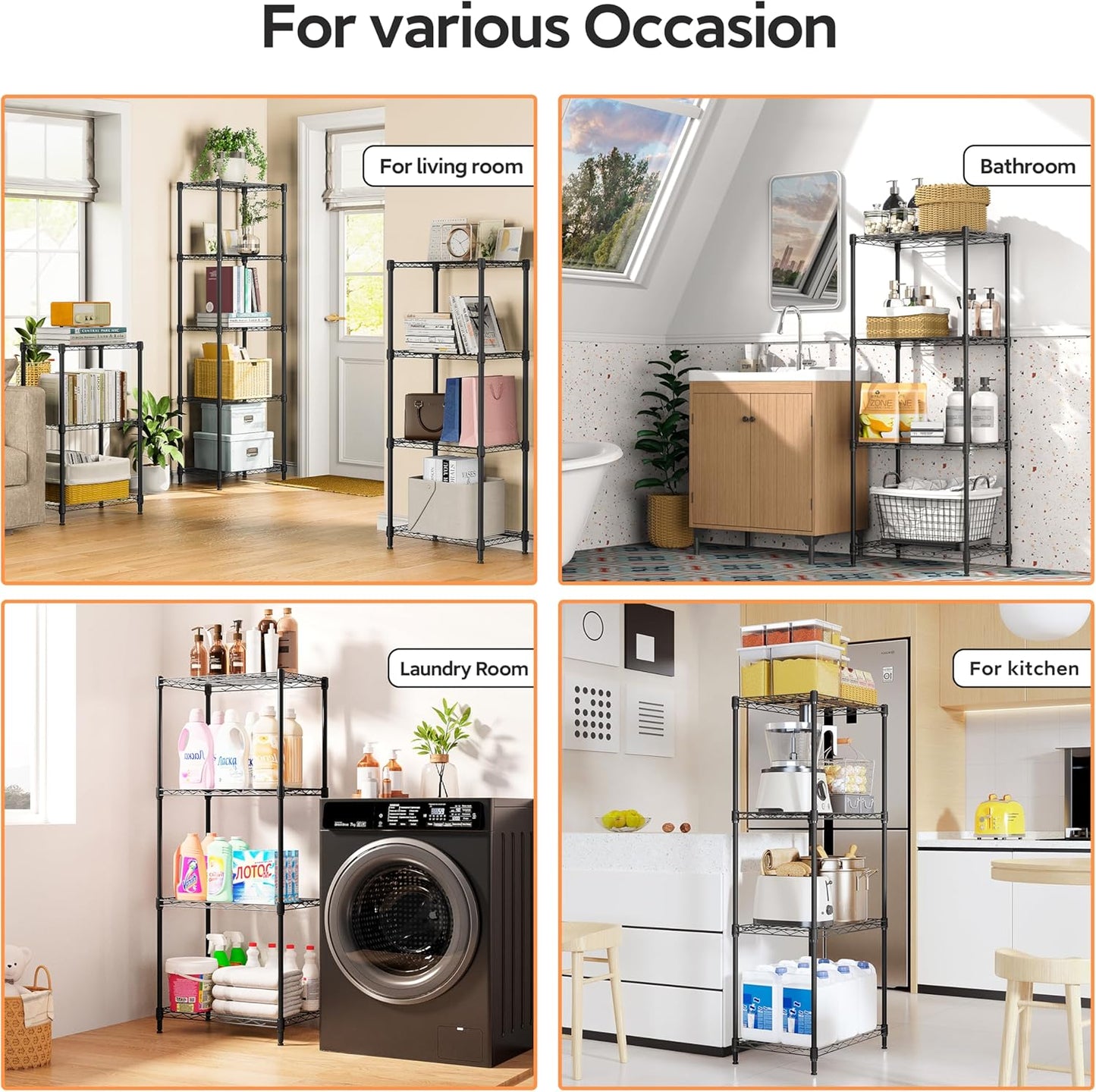 4 Tiers Shelf Metal Storage Shelves Wire Rack Closet Organizers with Wheel for Garage Kitchen Bathroom Laundry Black 11.8" D x 17.7" W x 41.9" H