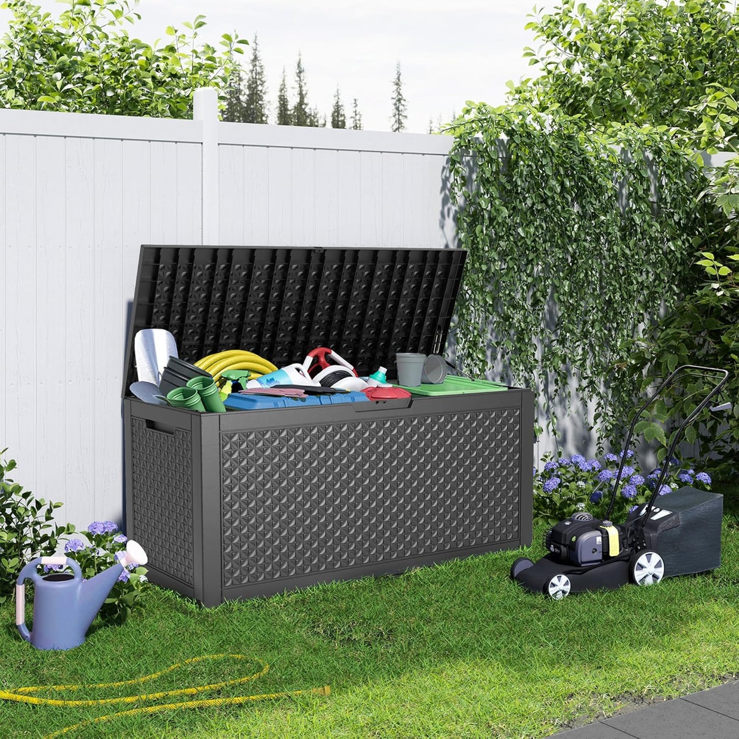 100 Gallon Resin Deck Box, Lockable Patio Outdoor Storage Box for Furniture, Garden Tools and Tools Storage, Waterproof Outside Storage Boxes - Patterned black