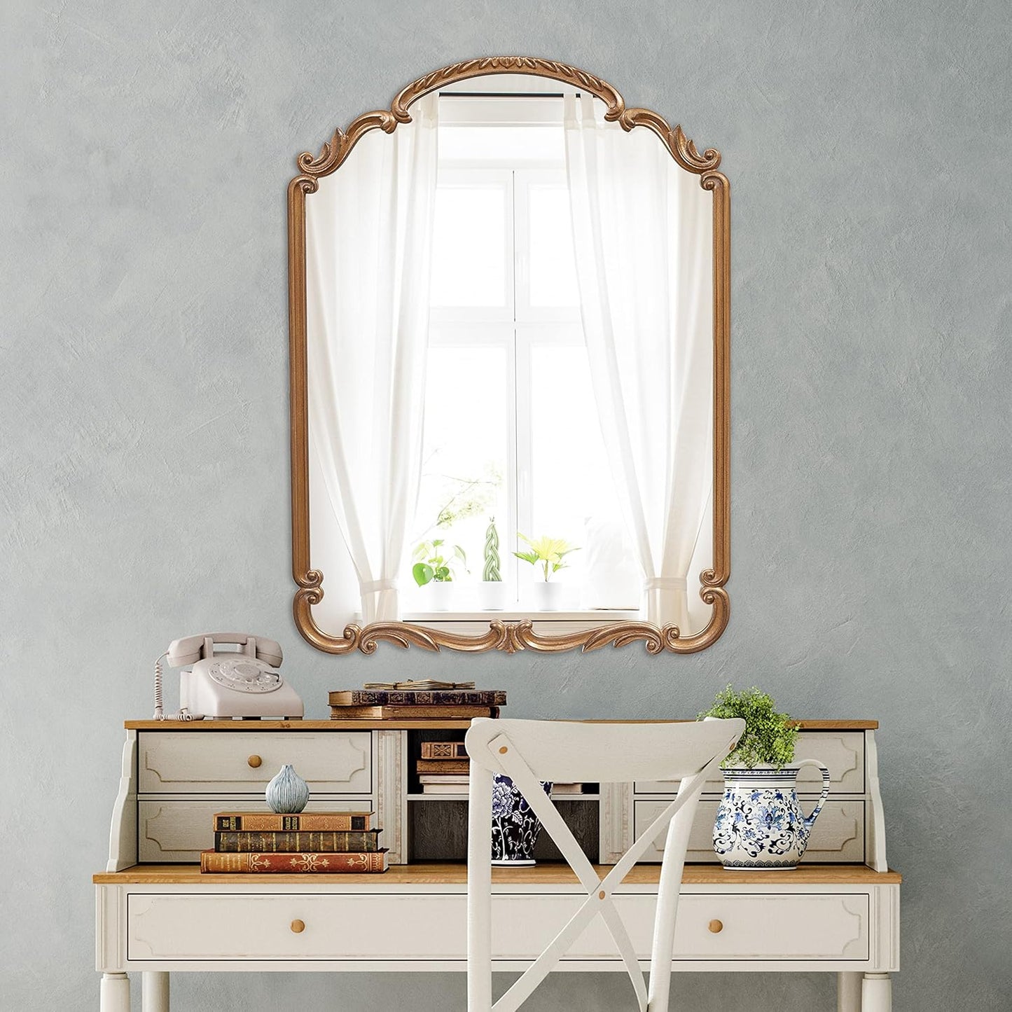 English Estate Carved Arch Wood Wall Mirror, Mirror for Entryway, Living Room, Bathroom, Antique Gold, 22x30