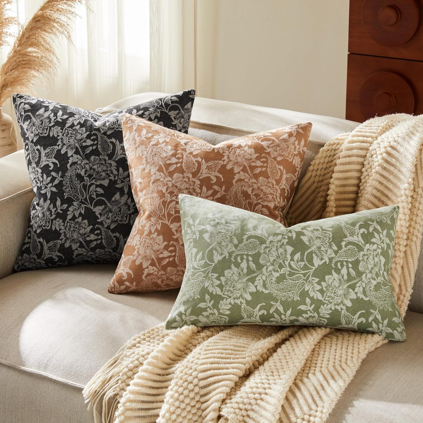 Floral Jacquard Throw Pillow Covers Set of 2, Background/Green 18x18 Inch, Farmhouse Decorative Cotton Sage Green Cushion Covers for Sofa Bed Living Room Home Decor