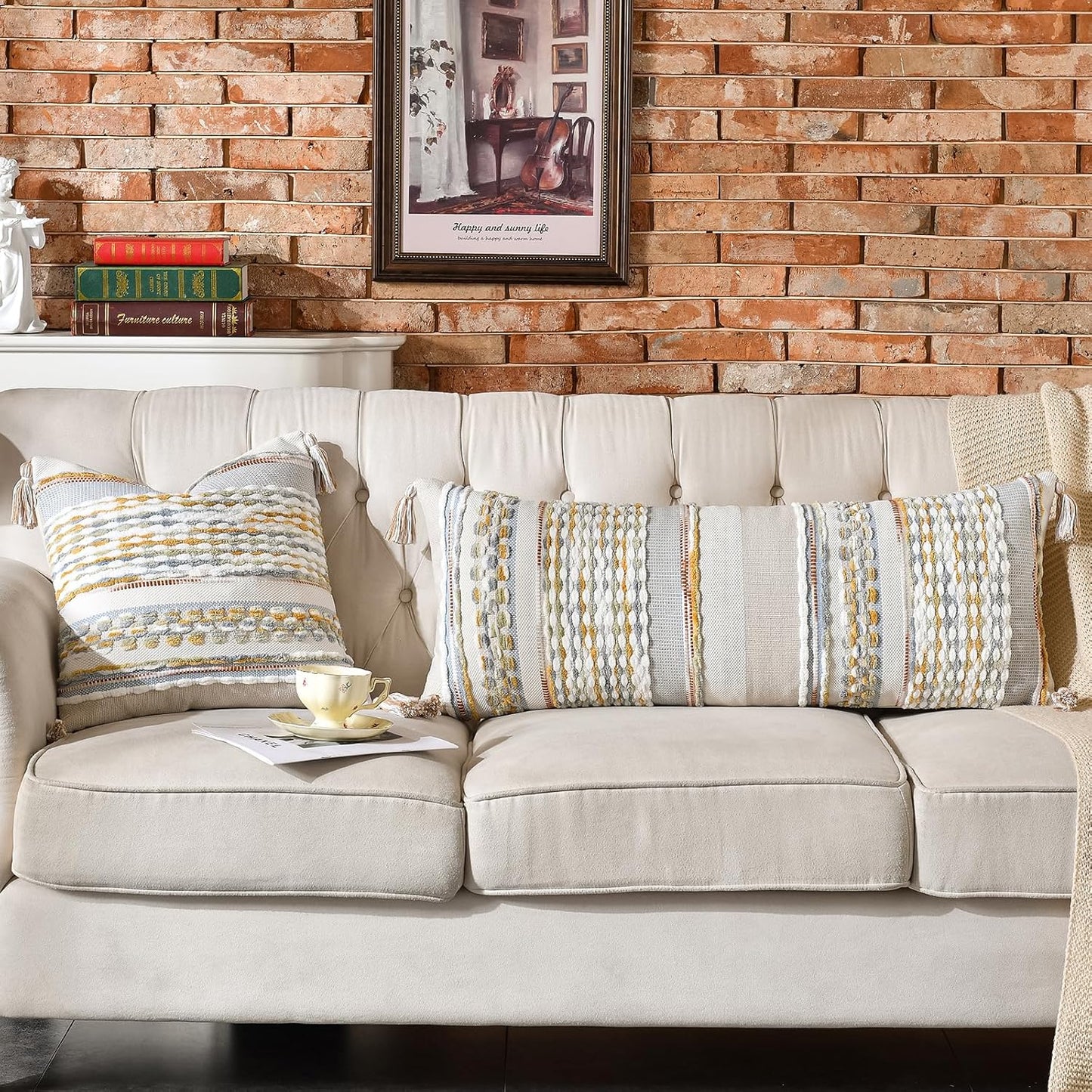 AmHoo Chenille Striped Textured Boho Throw Pillow Covers Aesthetic with Tassels Woven Decorative Pillow Case for Couch Bed Sofa Bedroom Modern Funky 18 x 18-Inch Grey