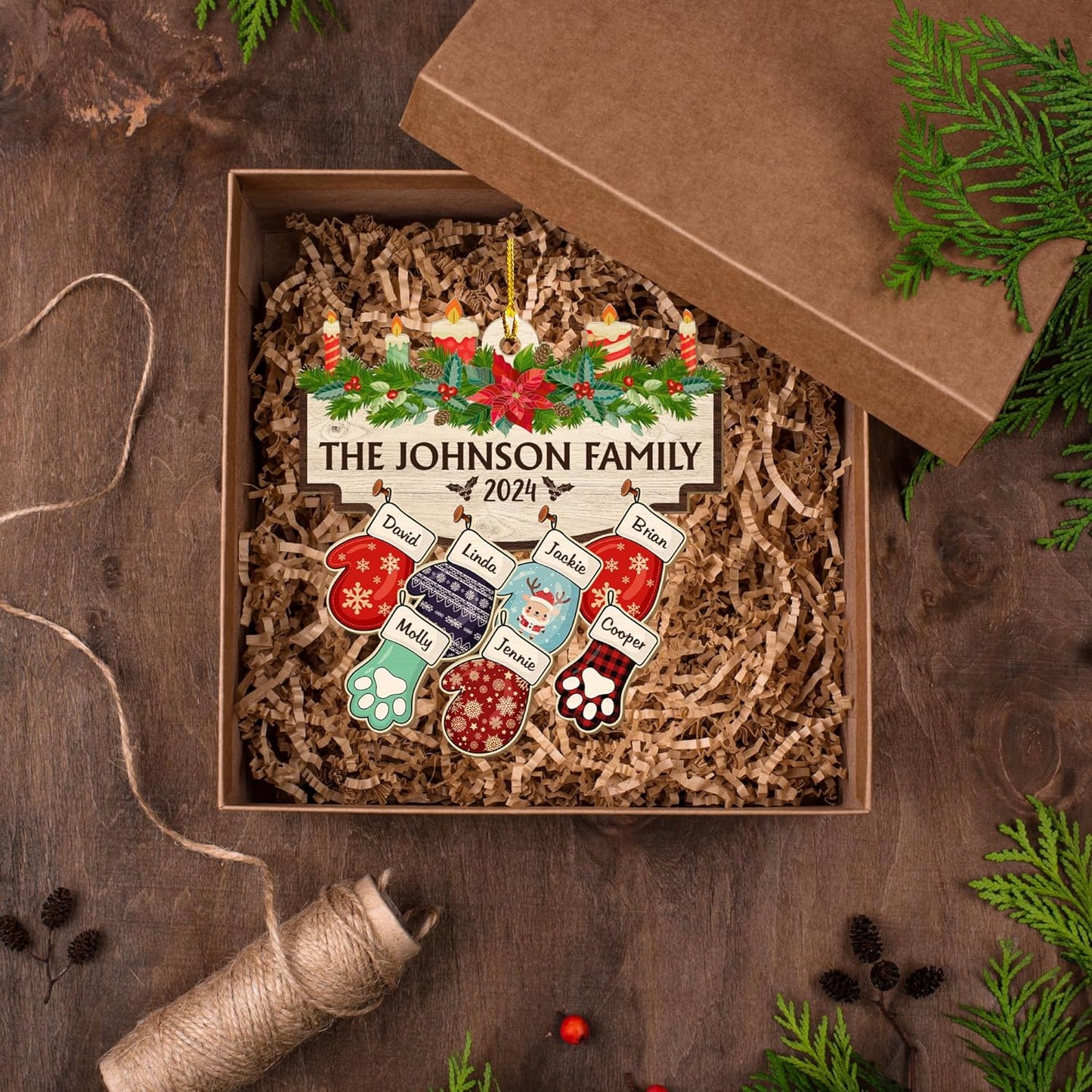 Family with Pet Ver 2 - Personalized Custom Wood Ornament, Family Gloves Christmas Ornament 2024, Xmas Ornament Gifts for Family Tree Decoration (A06, 8 Names)