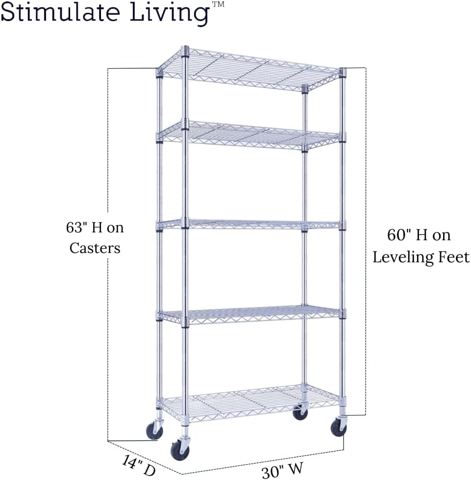 30"x14"x60" PRIME HEAVY DUTY Chrome 5-Tier Wire Shelving 1,750 LBS MAX Capacity Storage Rack for Commercial, School, Home, Garage, Warehouse, Industrial, and Hospital Uses (with Wheels)