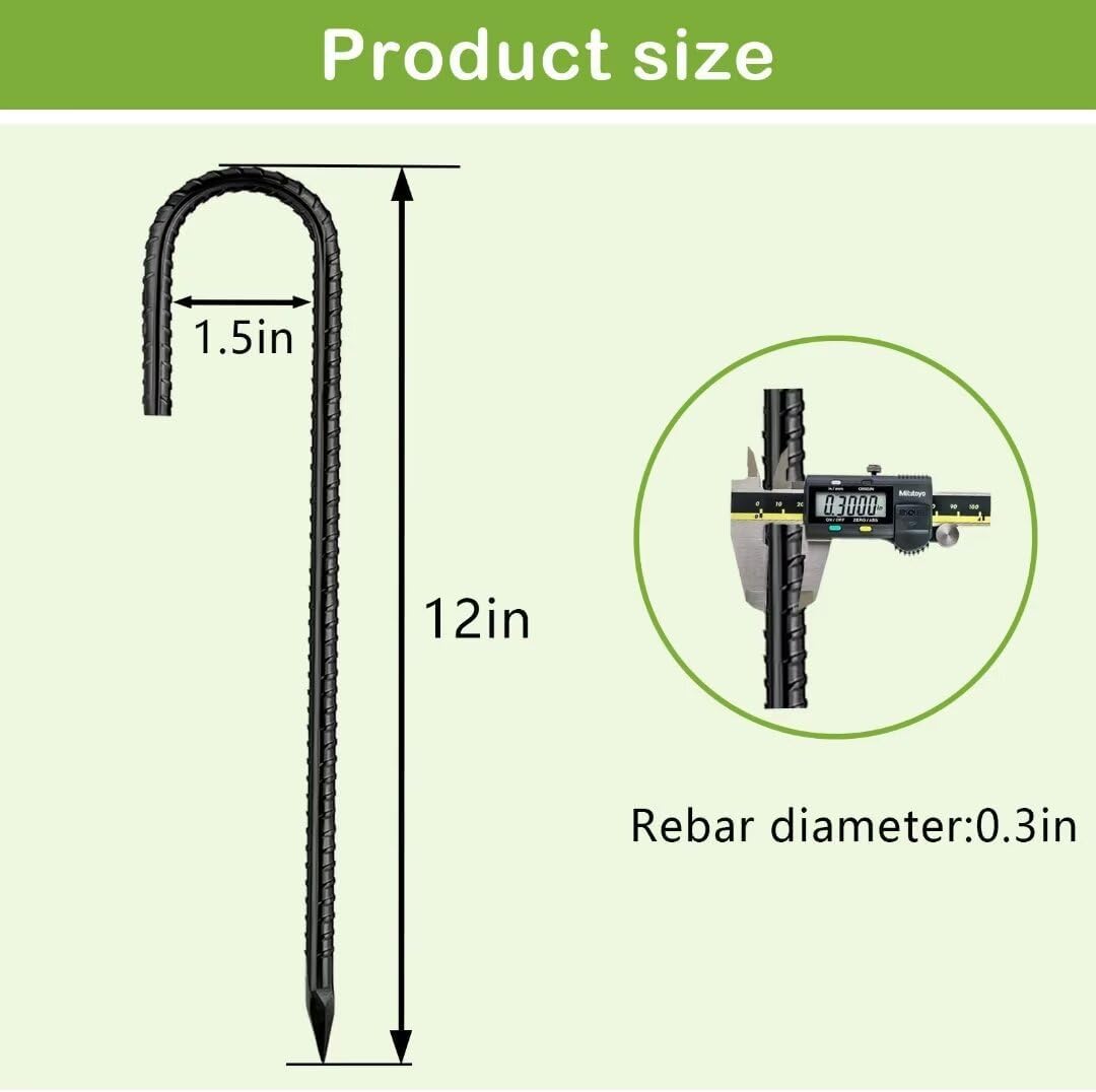 Ground-Stakes-Heavy-Duty-12 inch, J-Hook Rebar Stakes Black Coated Anti-Rust 16pcs Garden Stakes Metal Ground Anchors for Garden Dog Fence Chicken Coop Christmas Decorations Deer Fence