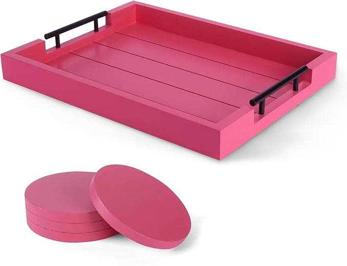 Ottoman Tray | Coffee Table Tray Decorative, Serving Tray with Handles - 17x13 Inch Wood Tray for Coffee Table Tray - with 4 Wooden Coasters -Tray for Ottoman, Breakfast