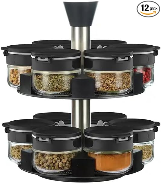 360 rotating 2 tier 12 jars spice rack (12 spice jars) Revolving Seasoning Organizer. Spinning Spice Rack for Counter top and Cabinet