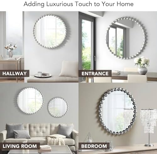 Madison Park Round Mirror, Metal Frame Circle Mirror 27 inch, Wall Art Decor Mounted Hanging for Entryway, Bathroom, hallway, Living Room, Vanity, Marlowe, Silver