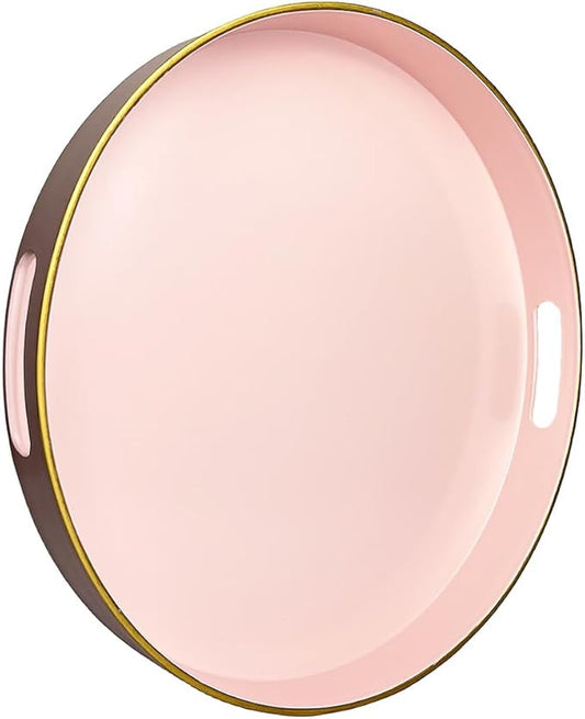 13" Pink Serving Tray with Handles,Round Decorative Tray for Coffee Table, Plastic Modern Coffee Table Tray for Ottoman, Living Room, Bathroom, Décor.