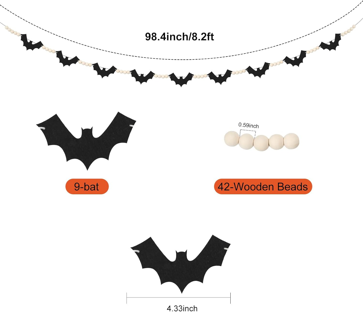 Halloween Decorations Garland, Felt Bats Halloween Decor Banner with Wood Beads for Fireplace Mantel Walls Home Indoor