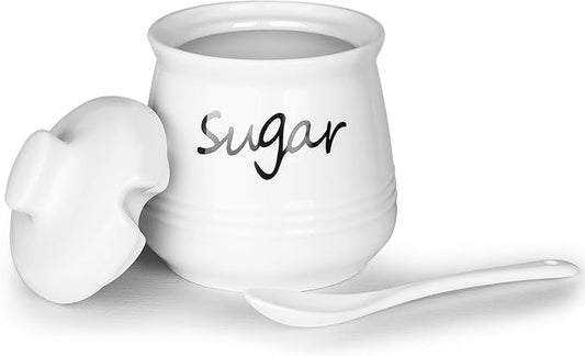 HAOTOP 12oz Sugar Bowl with Lid and Spoon,Ceramic Sugar Jar Sugar Dispenser Sugar Container Coffee Bar Accessories, Kitchen Countertop Canisters, White