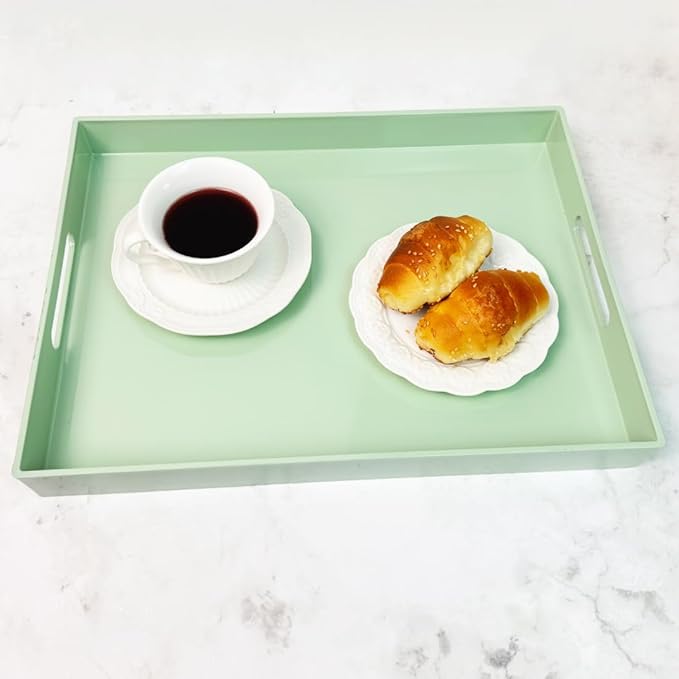 Turquoise Green Decorative Tray, Rectangular Large Serving Tray with Handles, Plastic Coffee Table Tray for Ottoman, Living Room, Kitchen Tabletop,15.7” x 11.8” x1.6”