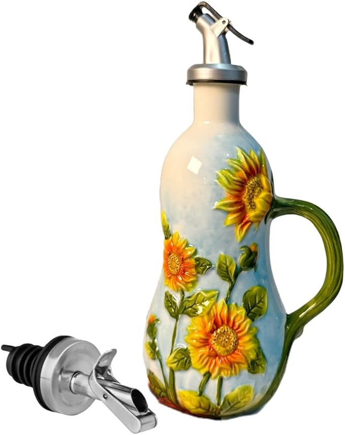 18.26oz/540ml Ceramics Olive Oil Dispenser Bottle,Hand Painted Reliefs Oil Dispenser for Kitchen,Oil Bottles for Kitchen (Sunflower)