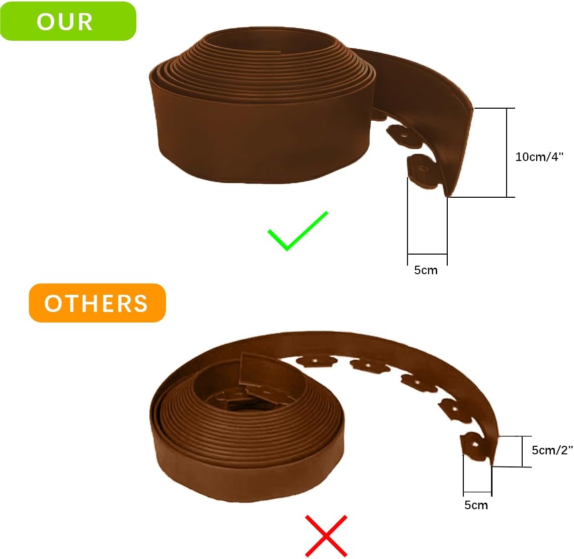 49FT Landscape Edging, 4 in Tall Garden Edging Borders with 75 Spikes,Flexible Lawn Edging Plastic Borders for Garden, Flower Beds, Pavement-Brown