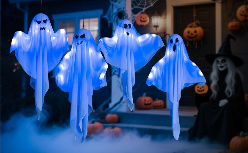 4 Pack Halloween Hanging Ghost Decorations, 27.5" Light Up Spooky Floating Ghosts with LED Glow, Waterproof Outdoor & Indoor Haunted House, Porch, Yard, Garden Party Decor