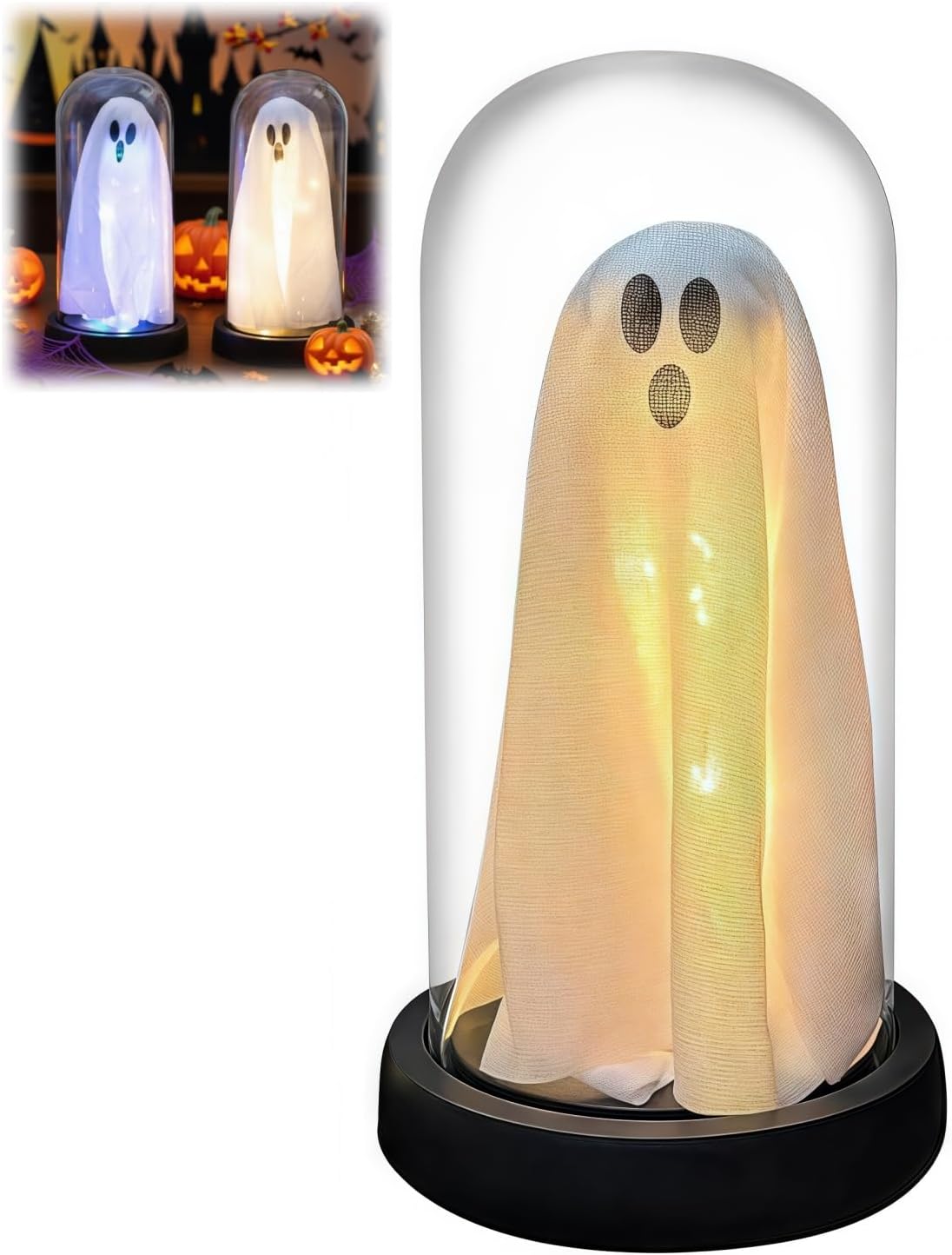 Light Up Ghost in Glass Cloche,Halloween Decorations Indoor,Cute LED Ghost Decor for Mantel,Tabletop,Cute Decorative Ornaments Suitable for Halloween Parties and Festivals(Warm Light,PVC Cover)