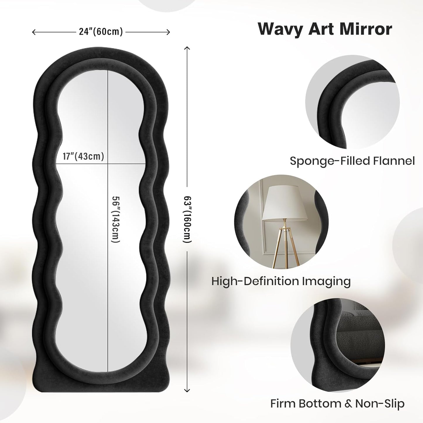 Full Length Mirror 63"x24" Arched Wavy Full Body Wall Mounted Floor Mirror with Stand Black Flannel Frame Leaning Hanging Wall Mirror for Bedroom Entrance