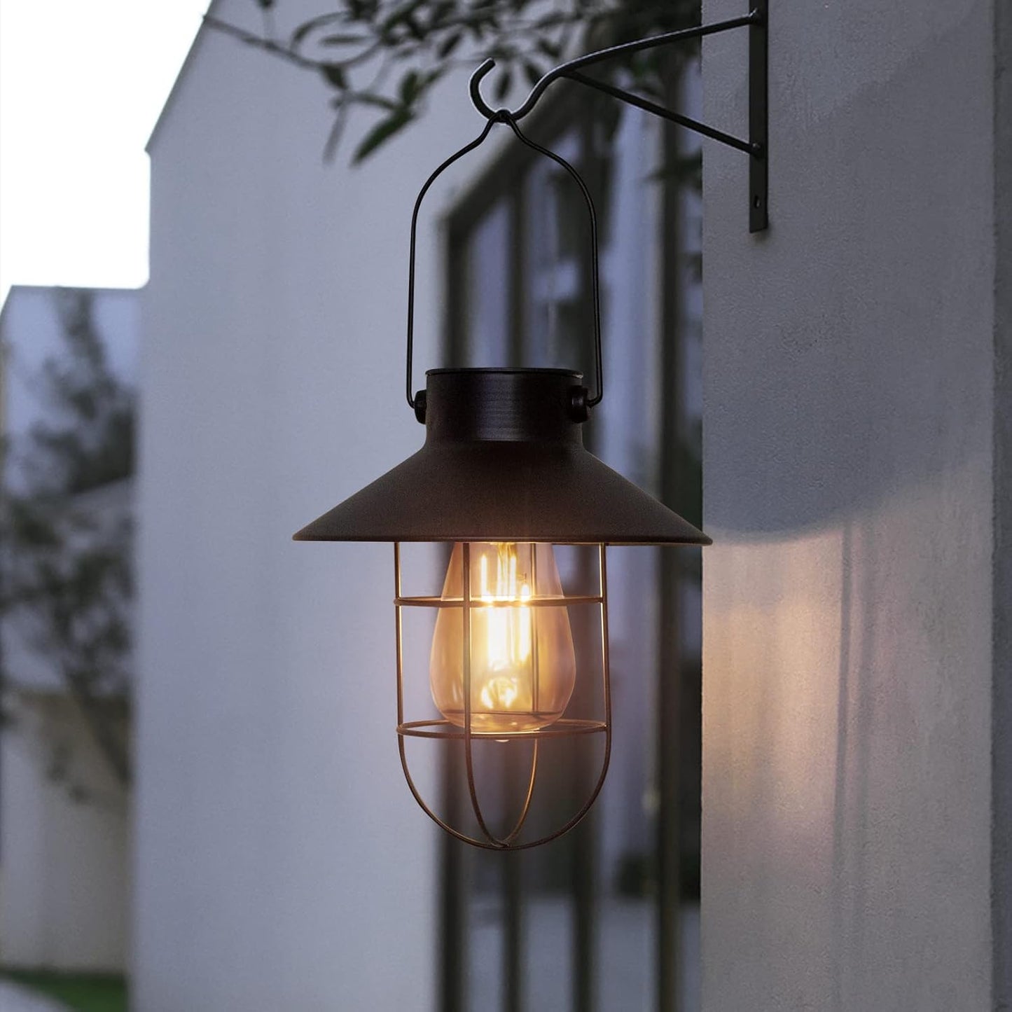pearlstar Solar Lanterns Outdoor Metal Solar Powered Hanging Lights Waterproof for Wall Yard Garden Patio Garage Balcony Porch Fence Decor, Warm White Edison Bulb,with Wall Mount Kit（Black-1pack）