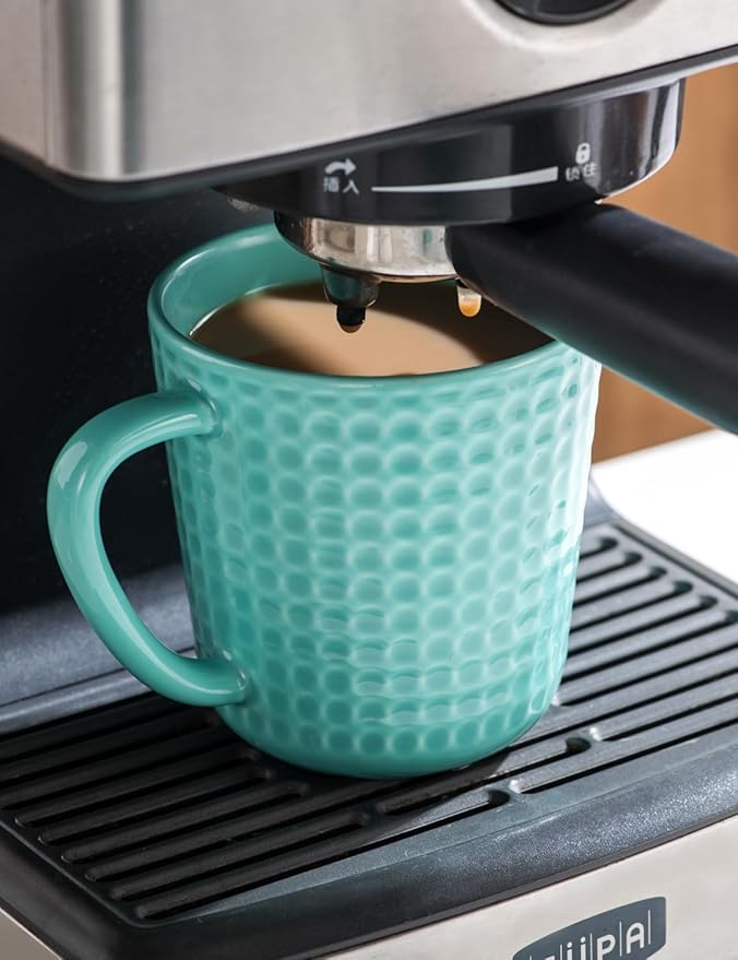 Ceramic Coffee Mugs 15 oz, Large Waffle Embossed Mug Set with Handle, Unique Coffee Cups for Latte, Cappuccino, Cocoa, Hot Tea, Mocha, Milk, Housewarming Wedding Present - Set of 4 (Turquoise)