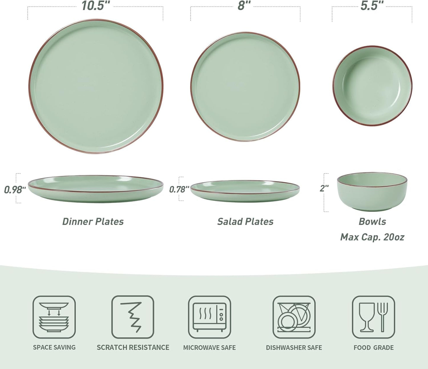 Famiware Mercury Plates and Bowls Sets, 18 Pieces Stoneware Dinnerware Sets, Dishes Set for 6, Microwave and Dishwasher Safe, Light Green