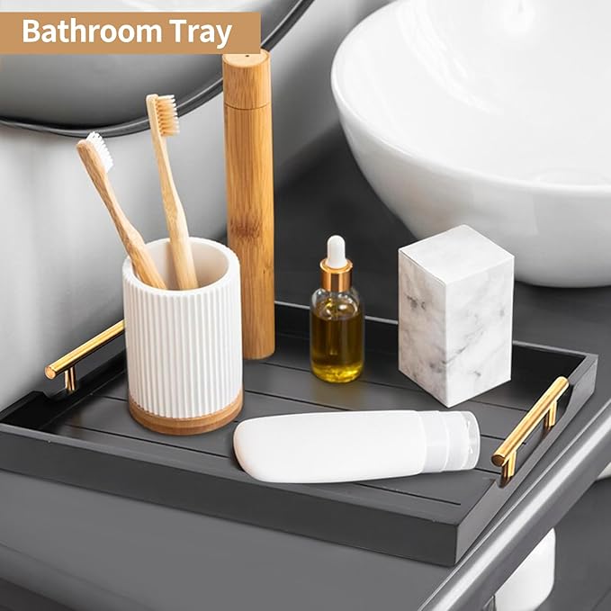 Coffee Table Trays - Large Ottoman Tray for Living Room - Wood Serving Trays with Handles(2 Sets) - Wooden Tray for Coffee Table, 4 Round Coasters Included, Black