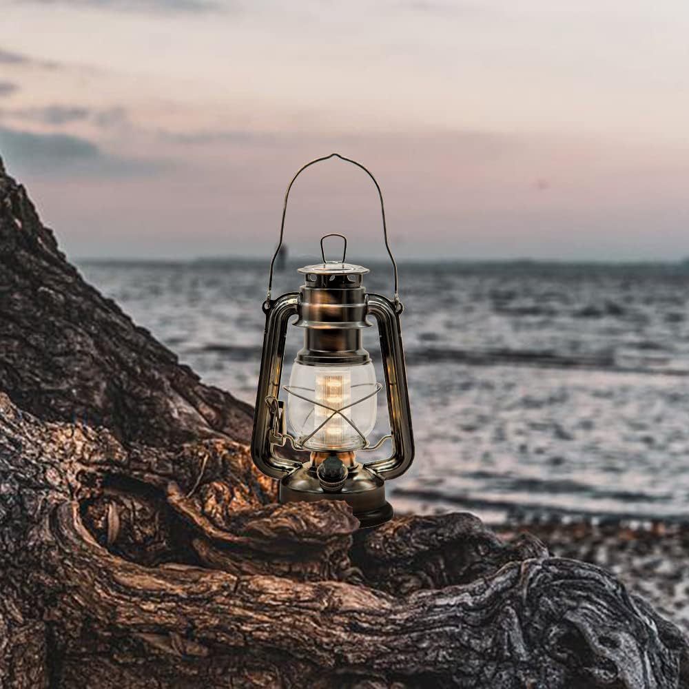YAKii LED Vintage Lantern Metal Hanging Hurricane 12 LED Dimmer Switch Warm White Battery Operated Power Outage Indoor Camping Lighting Outdoor Brooklyn Decoration(Copper)
