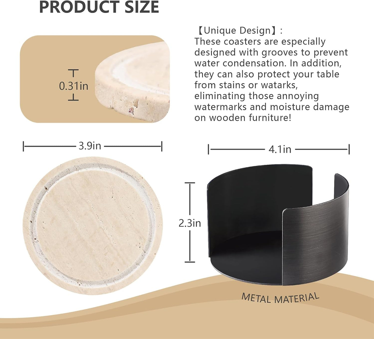 Marble Coasters Set of 6, Absorbent Stone Drink Coasters with Cork Backing, Non-Slip Modern Table Decor for Kitchen & Living Room, Natural Travertine Coasters for Drinks