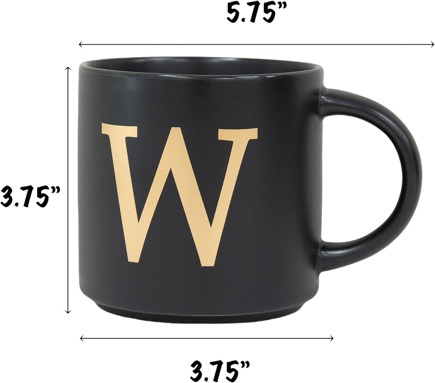COLLECTIVE HOME - Monogram Ceramic Mugs, 15 oz Golden Initial Black Coffee Cups, Elegant Alphabet Tea Mugs, Elegant Personalized Mug with Gift Box, Unique Mug with Double Side Capital Lette (W)