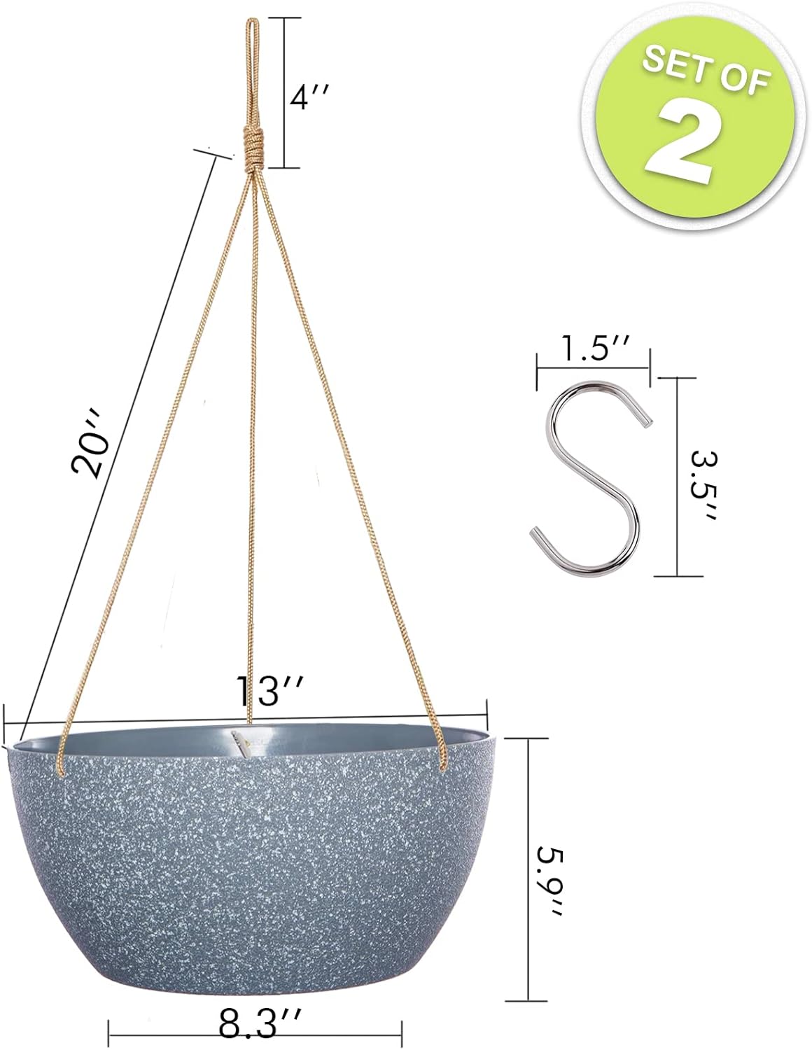 13 Inch 2 Pack Large Hanging Planters for Indoor Outdoor Plants, Plastic Hanging Basket Pots for House Plants Flowers, Grey