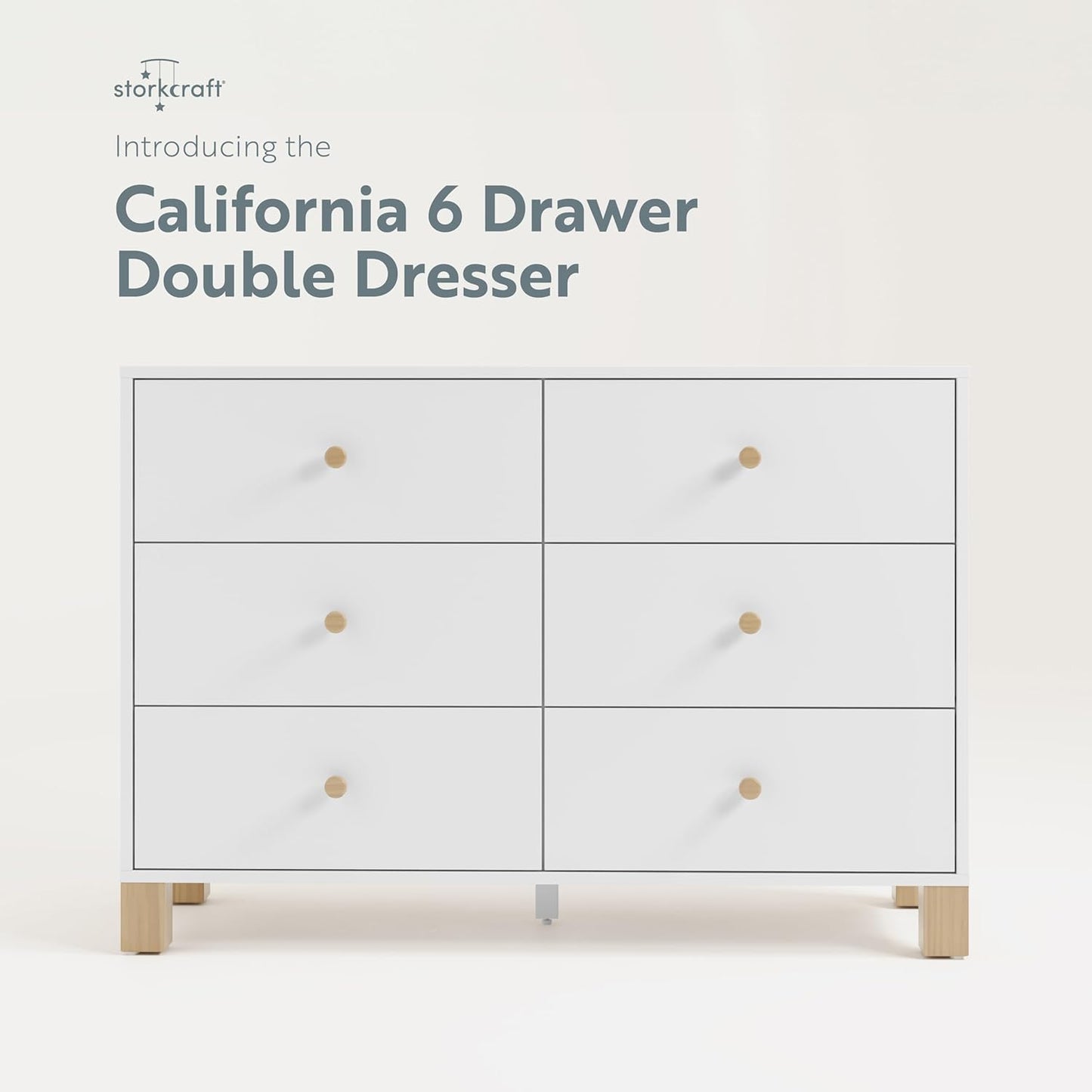 Storkcraft California 6-Drawer Double Dresser (White with Driftwood) - GREENGUARD Gold Certified, Interlocking Drawer System, Dresser Drawer Organizer for Kids Bedroom